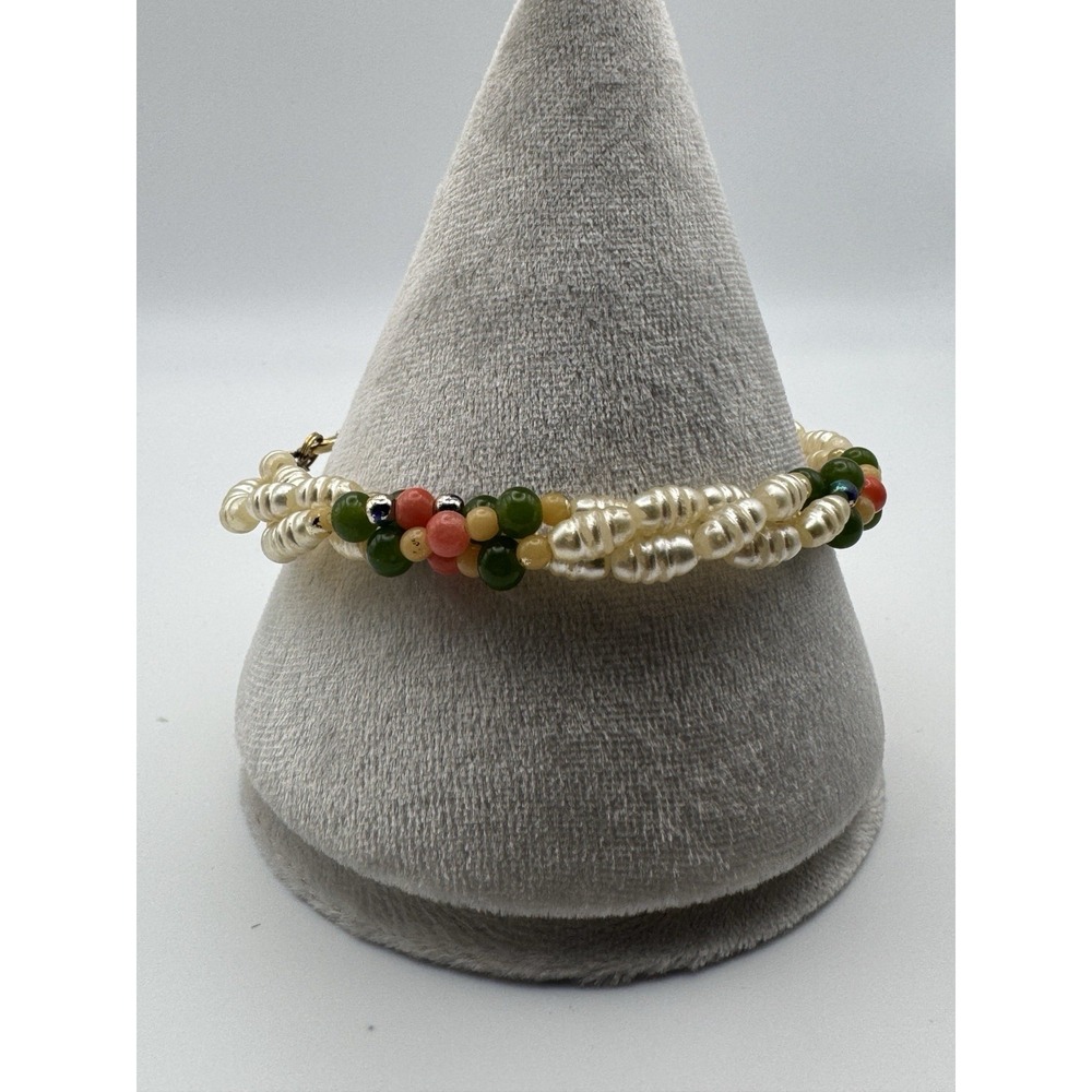 Vintage Beaded Bracelet Green Orange Faux Pearl READ